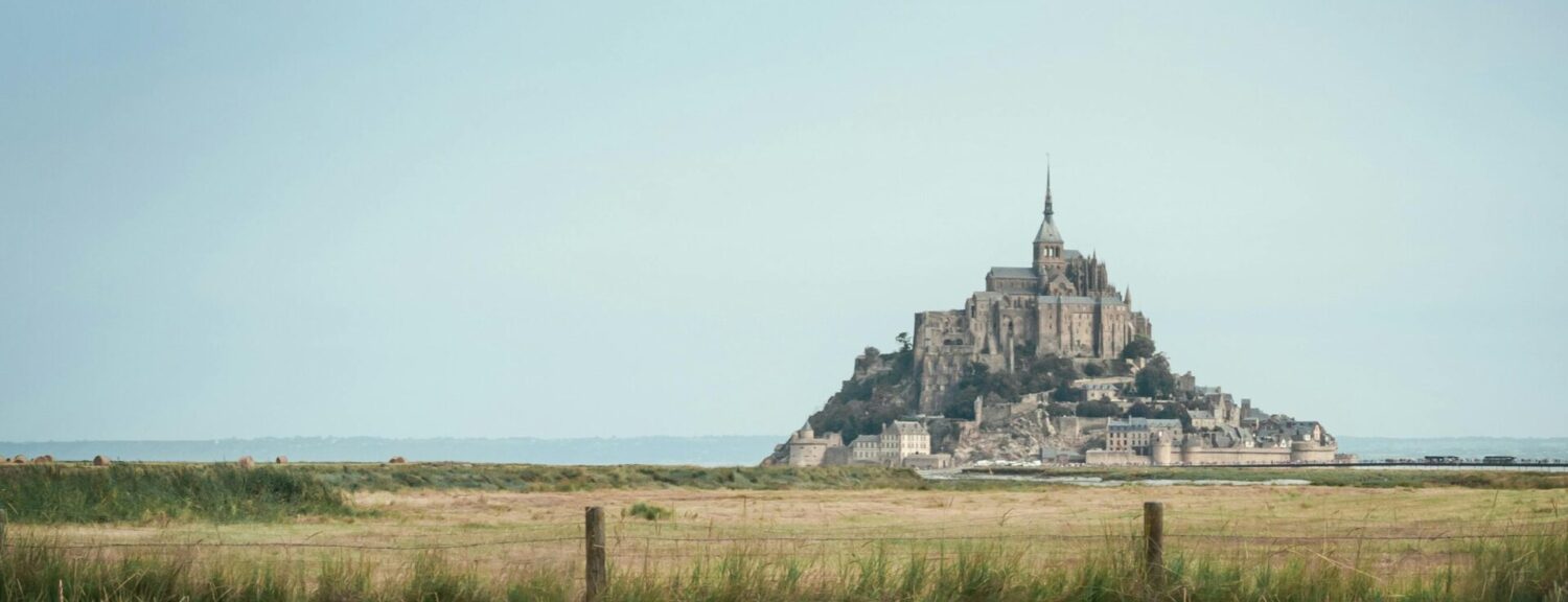 A sheep peacefully grazes in a field with Mont Saint-Michel in the background.